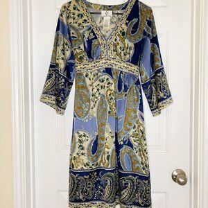 Ice Paisley Tunic Dress, Wrap Around Belt, Size 6